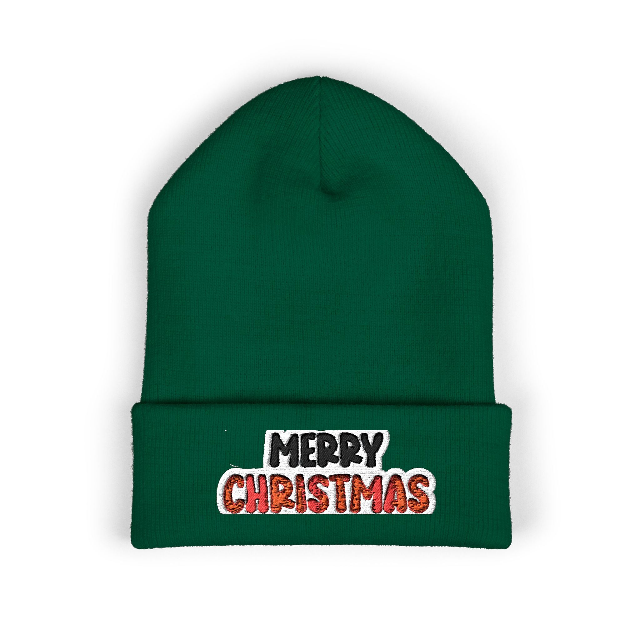 Merry Christmas Embroidered Cuffed Beanie — Holiday Knit Hat