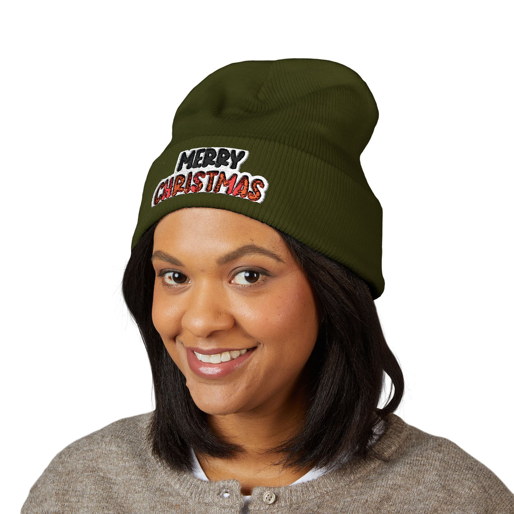 Merry Christmas Embroidered Cuffed Beanie — Holiday Knit Hat