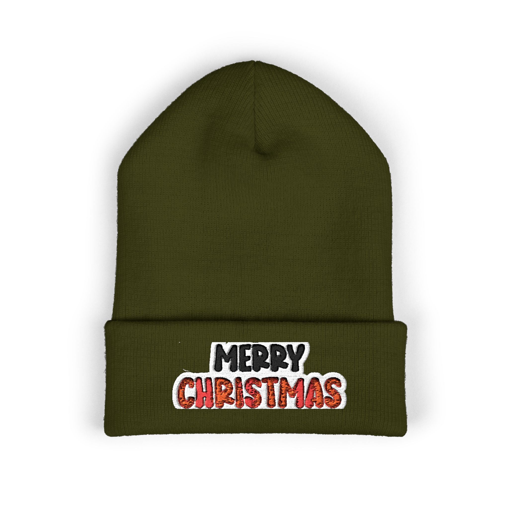 Merry Christmas Embroidered Cuffed Beanie — Holiday Knit Hat