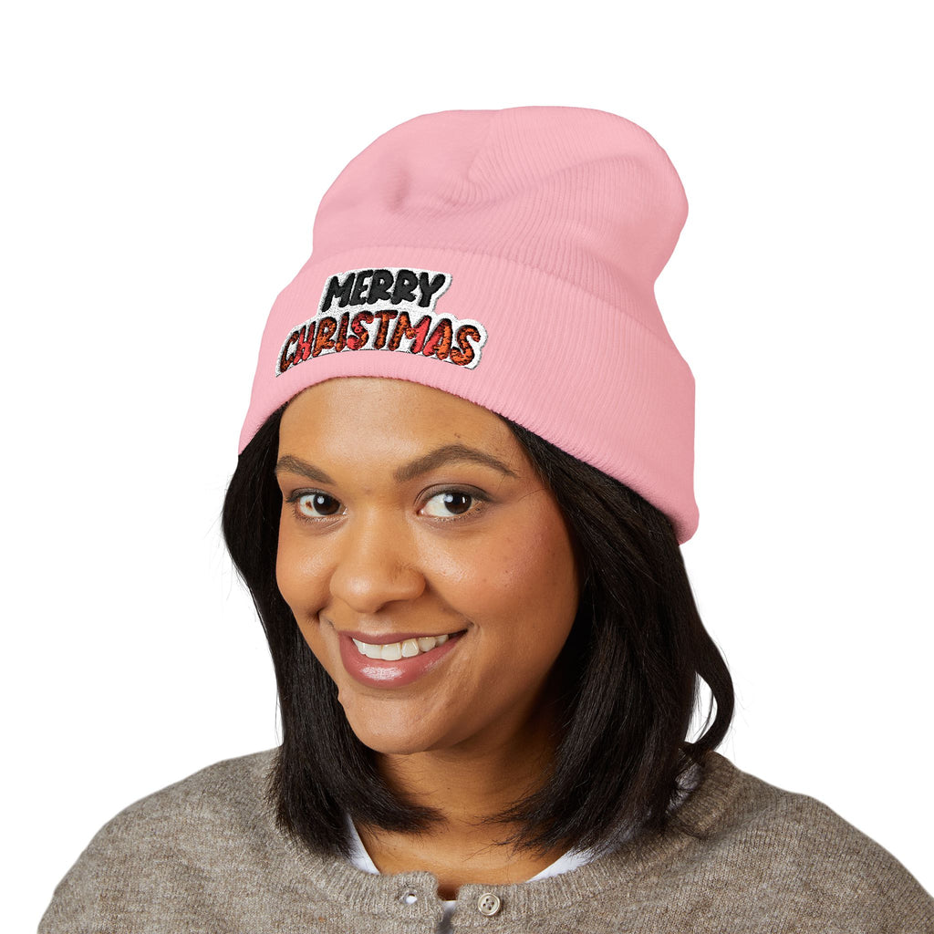 Merry Christmas Embroidered Cuffed Beanie — Holiday Knit Hat