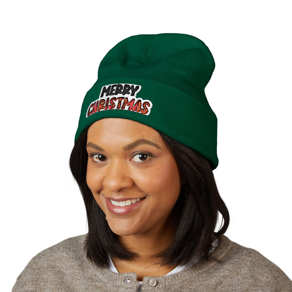 Merry Christmas Embroidered Cuffed Beanie — Holiday Knit Hat