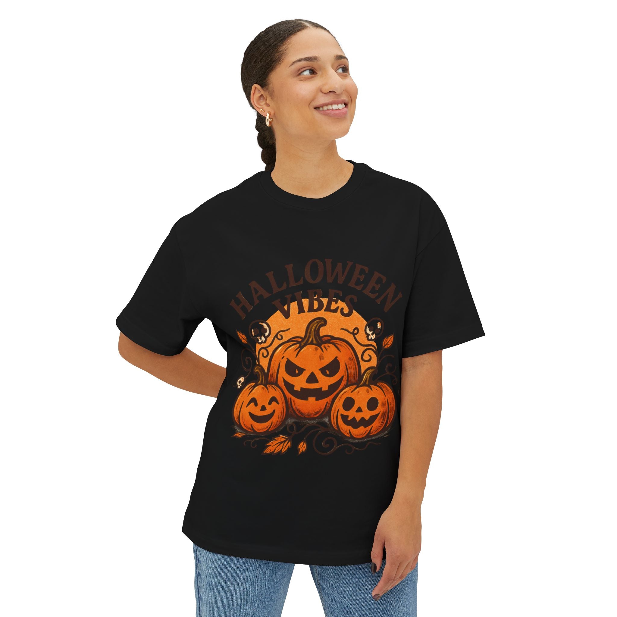Halloween Vibes Oversized Tee, Unisex Halloween Shirt, Fall Fashion Tee, Spooky Season Top, Pumpkin Graphic Tee, Comfortable Casual Tee