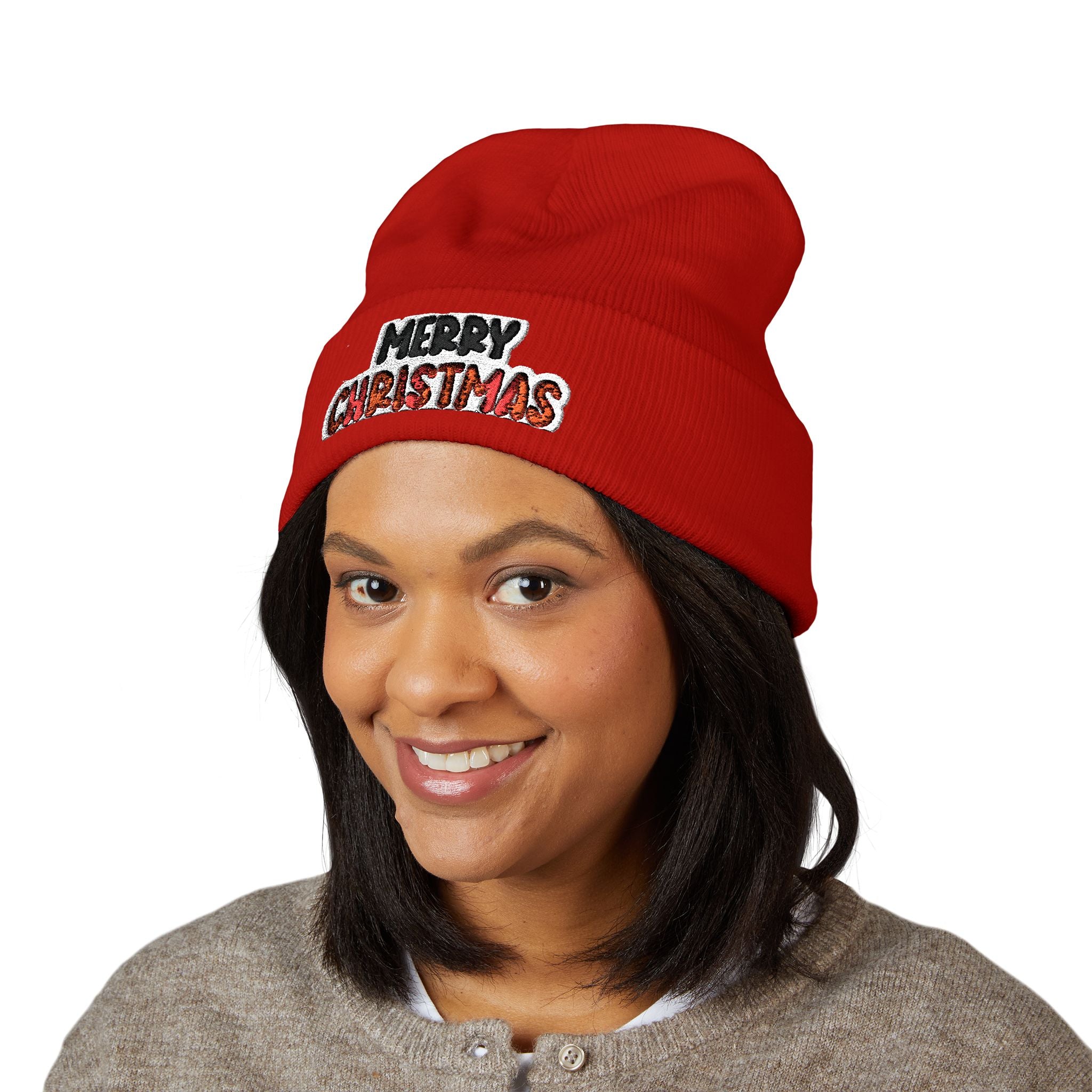 Merry Christmas Embroidered Cuffed Beanie — Holiday Knit Hat