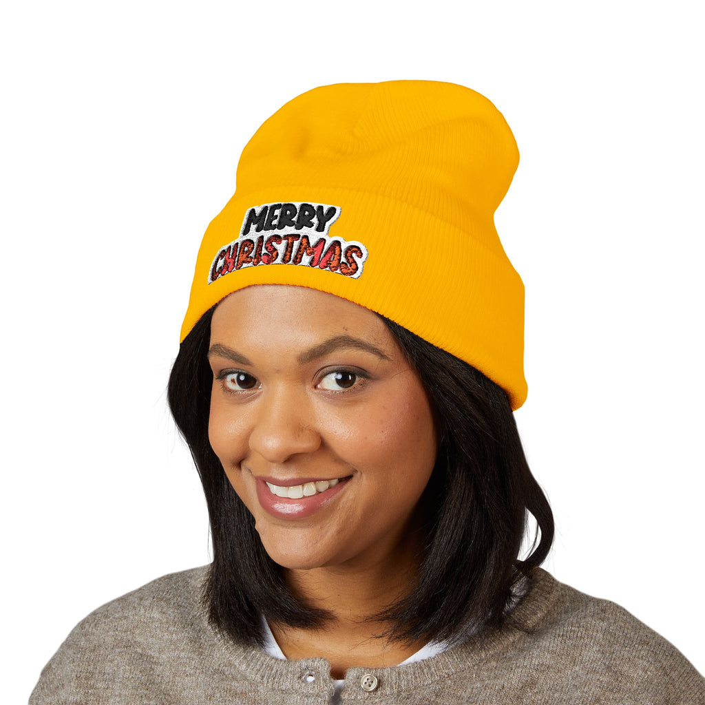 Merry Christmas Embroidered Cuffed Beanie — Holiday Knit Hat