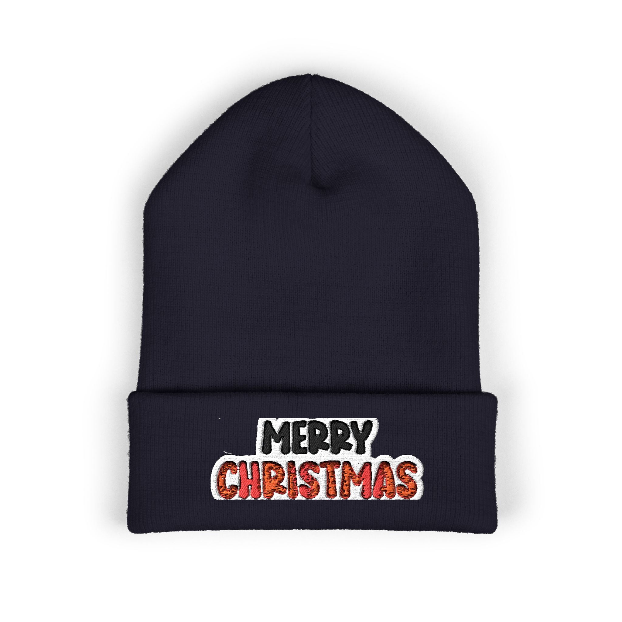 Merry Christmas Embroidered Cuffed Beanie — Holiday Knit Hat