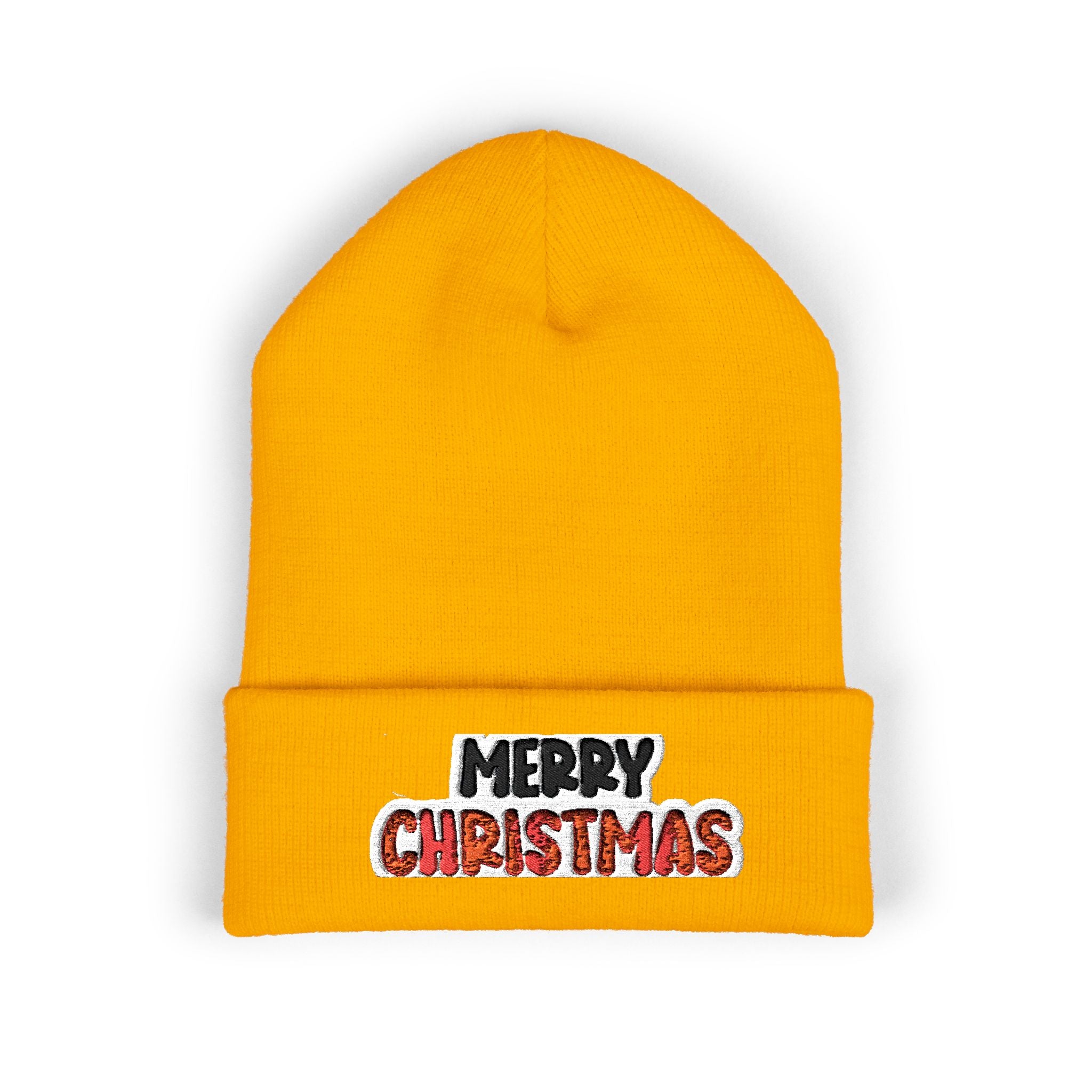 Merry Christmas Embroidered Cuffed Beanie — Holiday Knit Hat