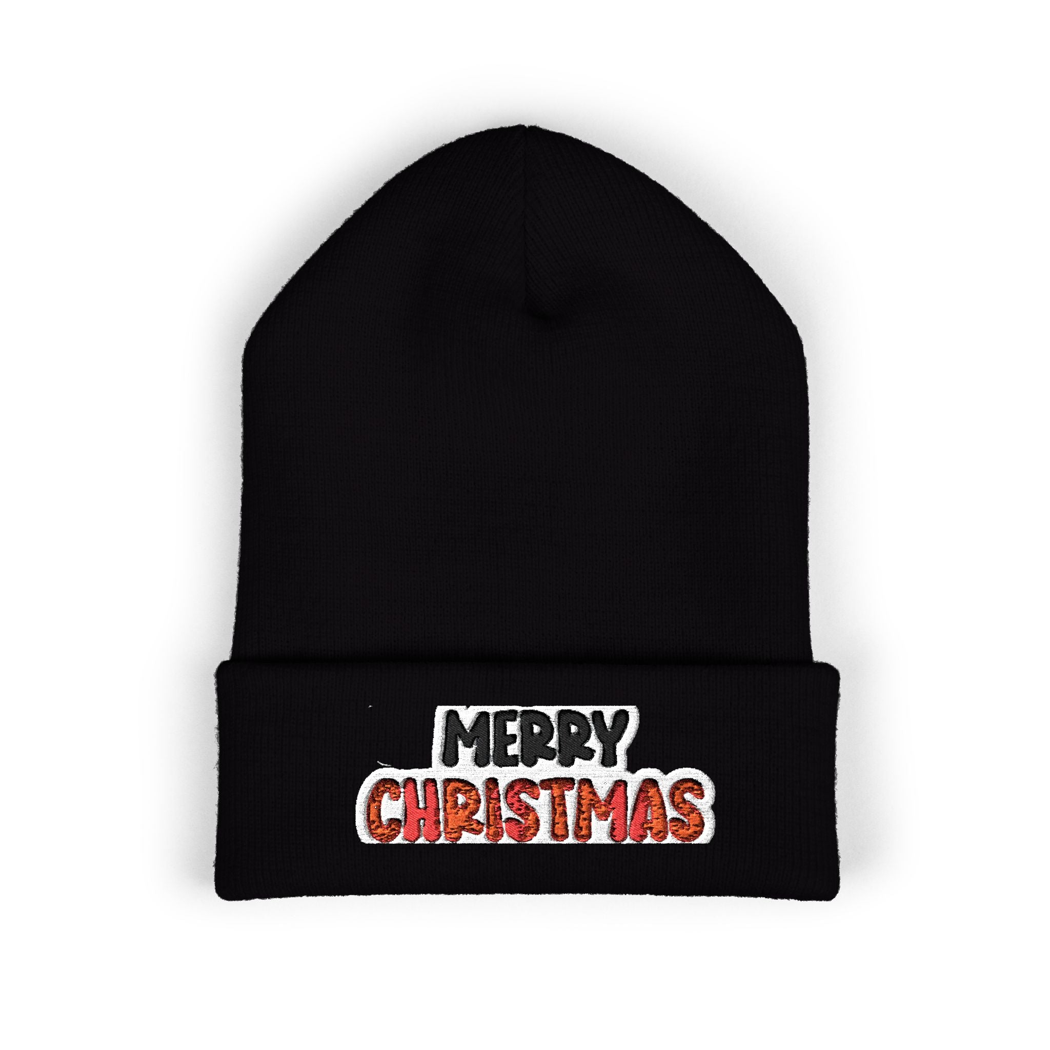Merry Christmas Embroidered Cuffed Beanie — Holiday Knit Hat