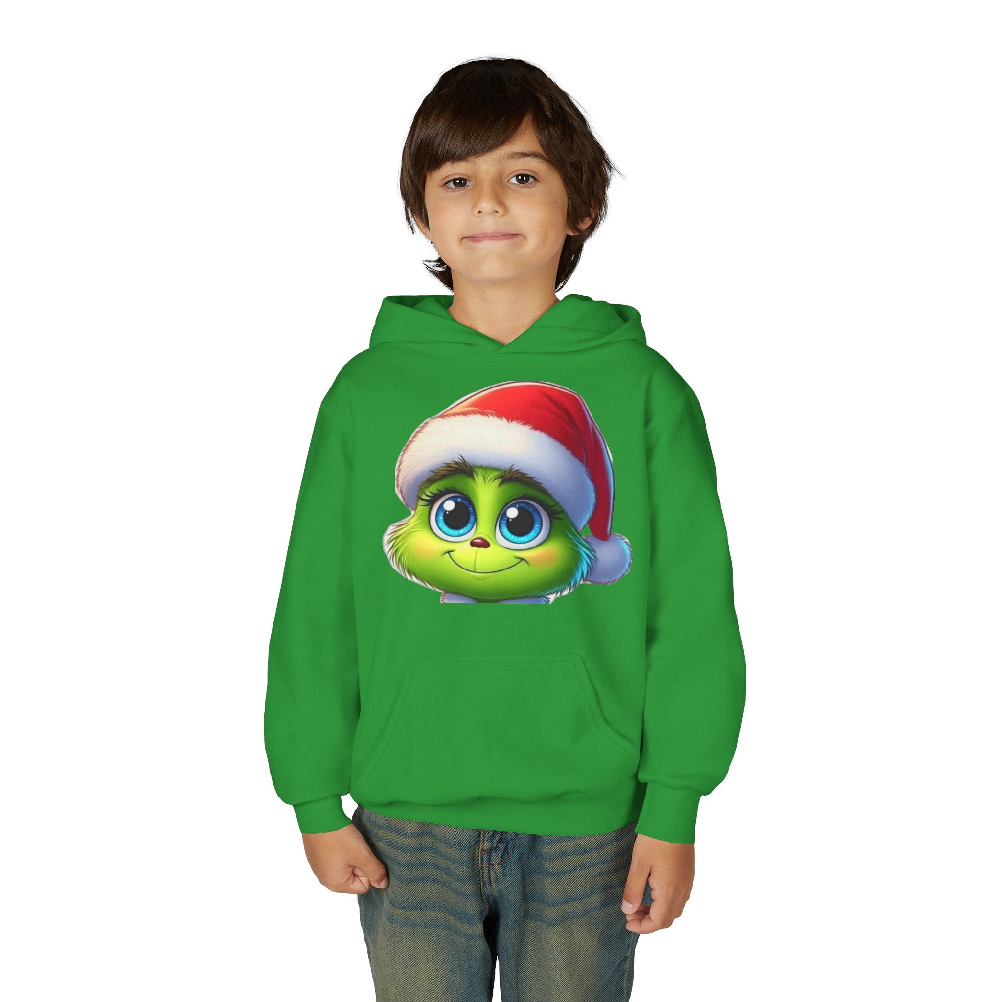 Kids Christmas Grinch Face Hoodie — Cute Santa Hat Holiday Sweatshirt for Children