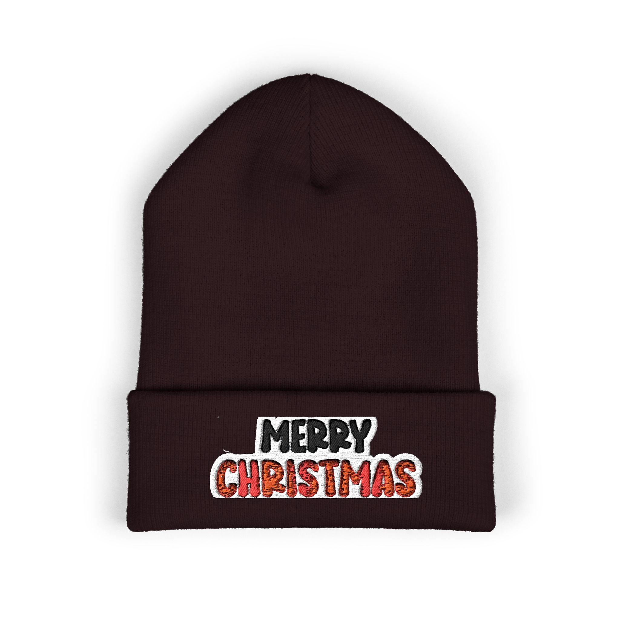 Merry Christmas Embroidered Cuffed Beanie — Holiday Knit Hat