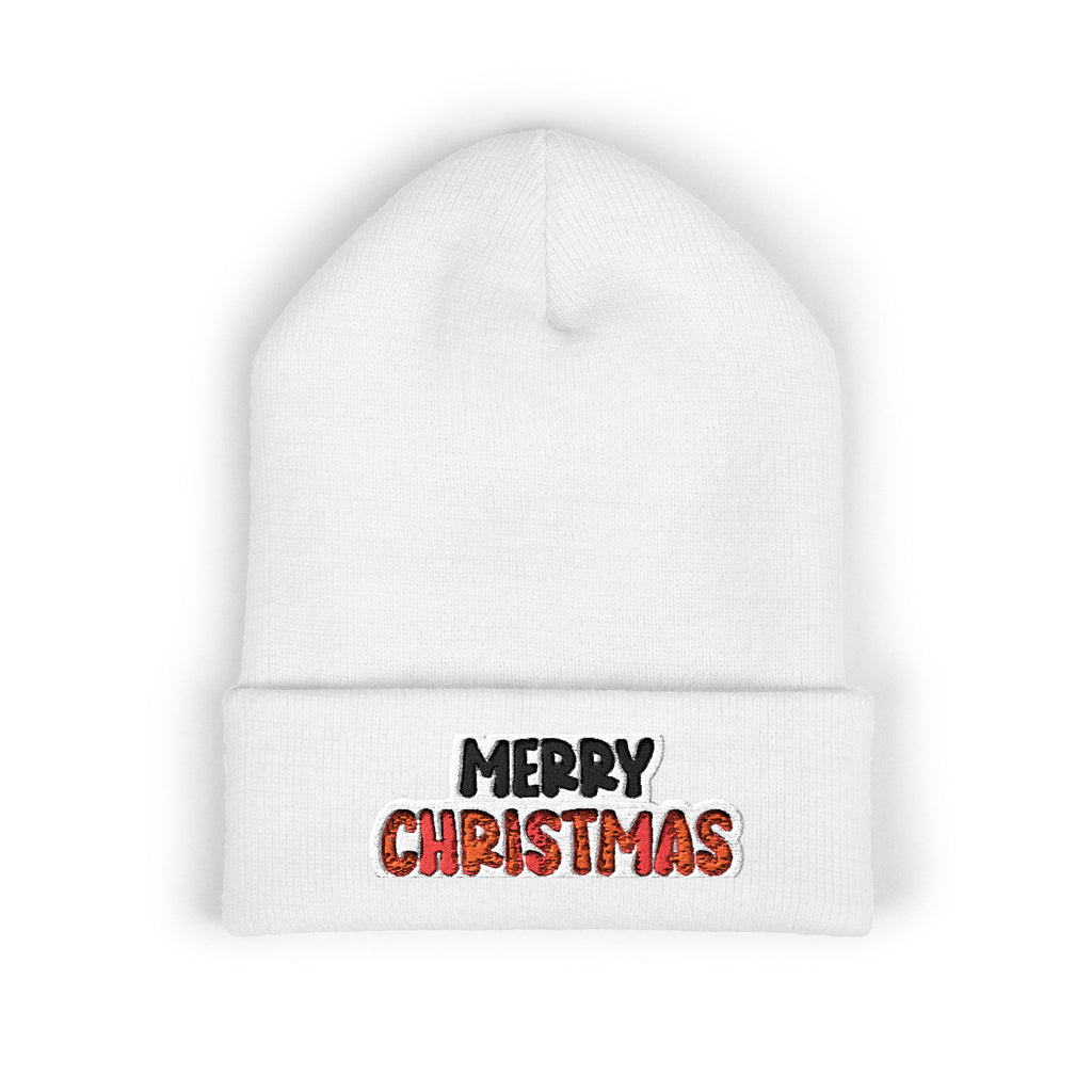 Merry Christmas Embroidered Cuffed Beanie — Holiday Knit Hat