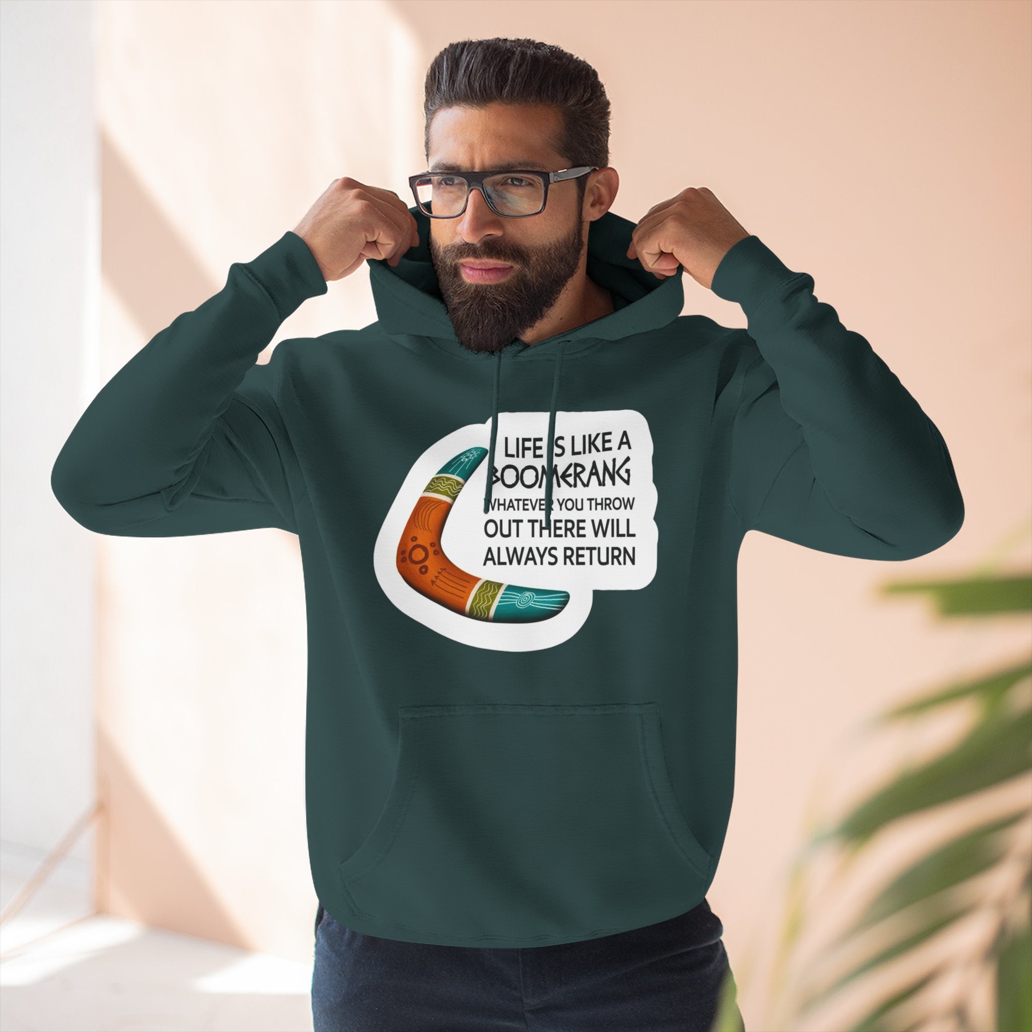 Boomerang Graphic Hoodie — "Life Is Like a Boomerang" Motivational Pullover