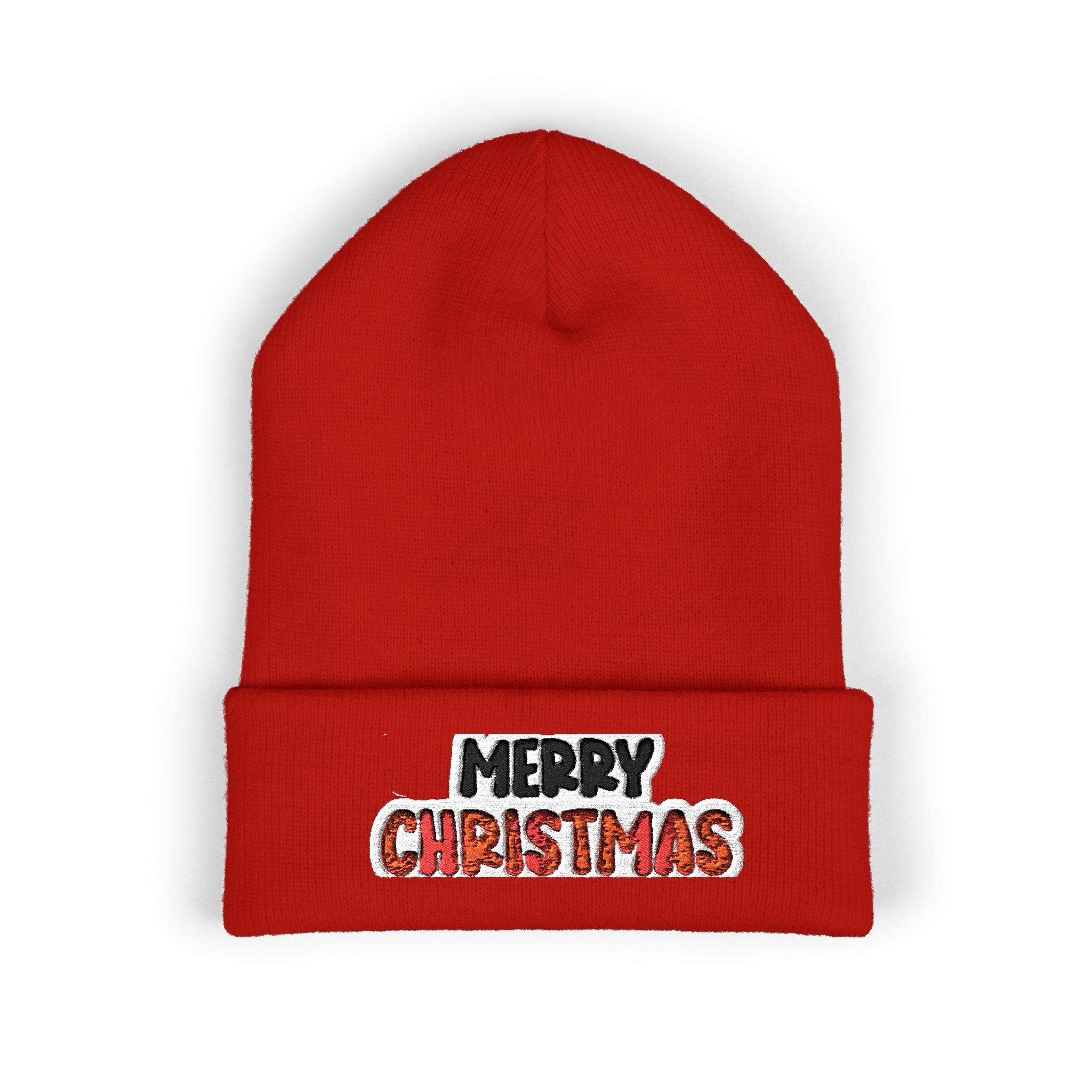 Merry Christmas Embroidered Cuffed Beanie — Holiday Knit Hat