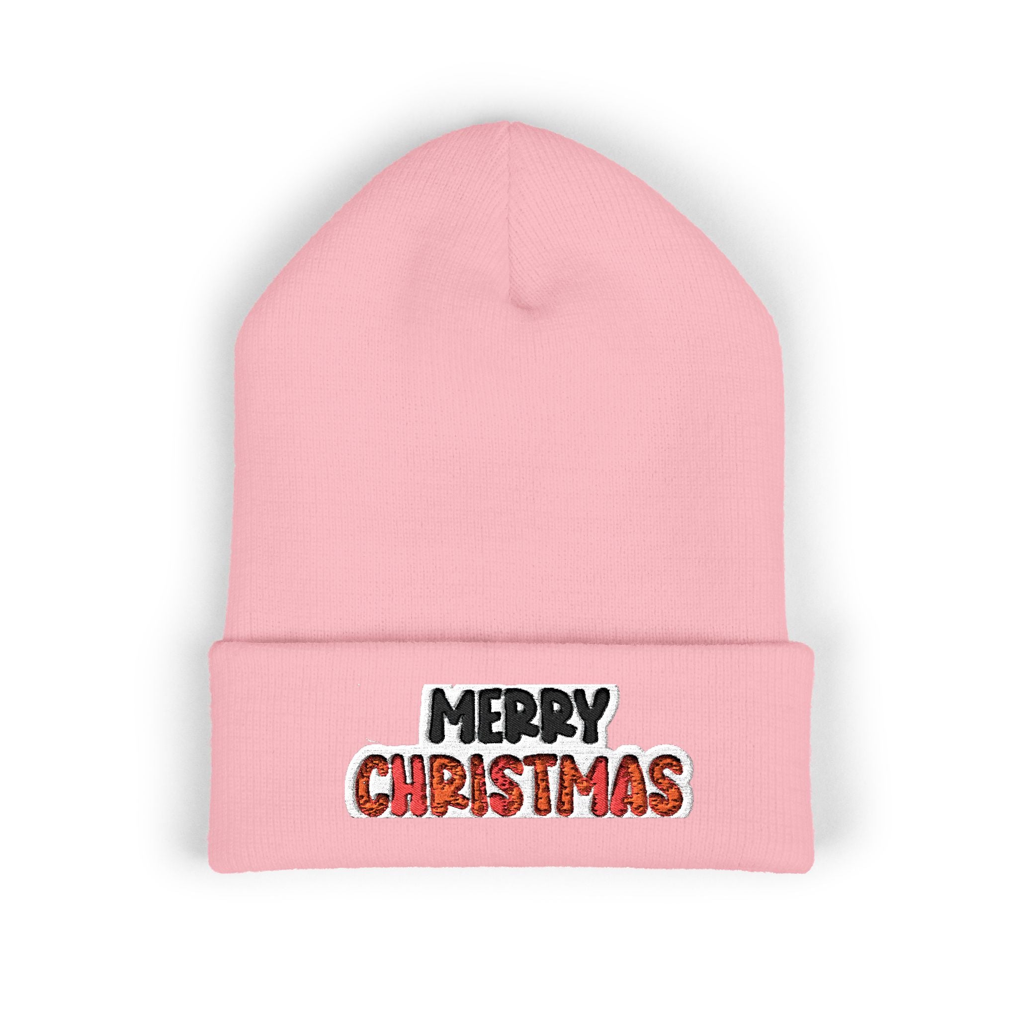 Merry Christmas Embroidered Cuffed Beanie — Holiday Knit Hat