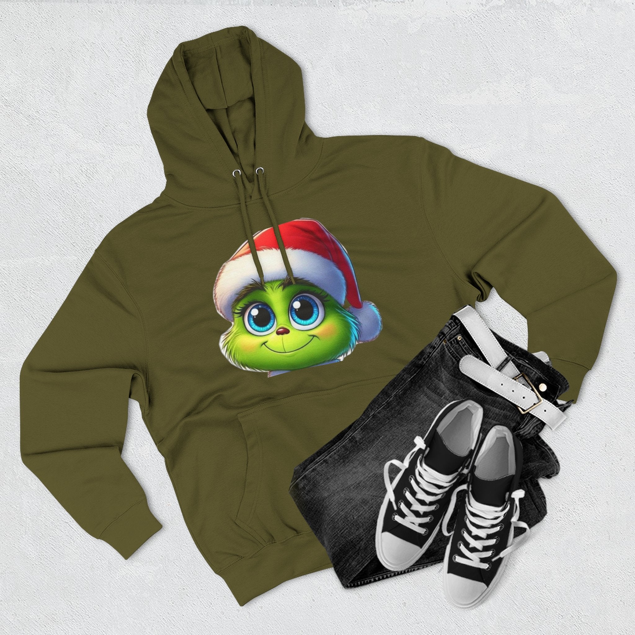 Christmas Grinch Face Hoodie — Cute Green Grinch in Santa Hat Holiday Sweatshirt