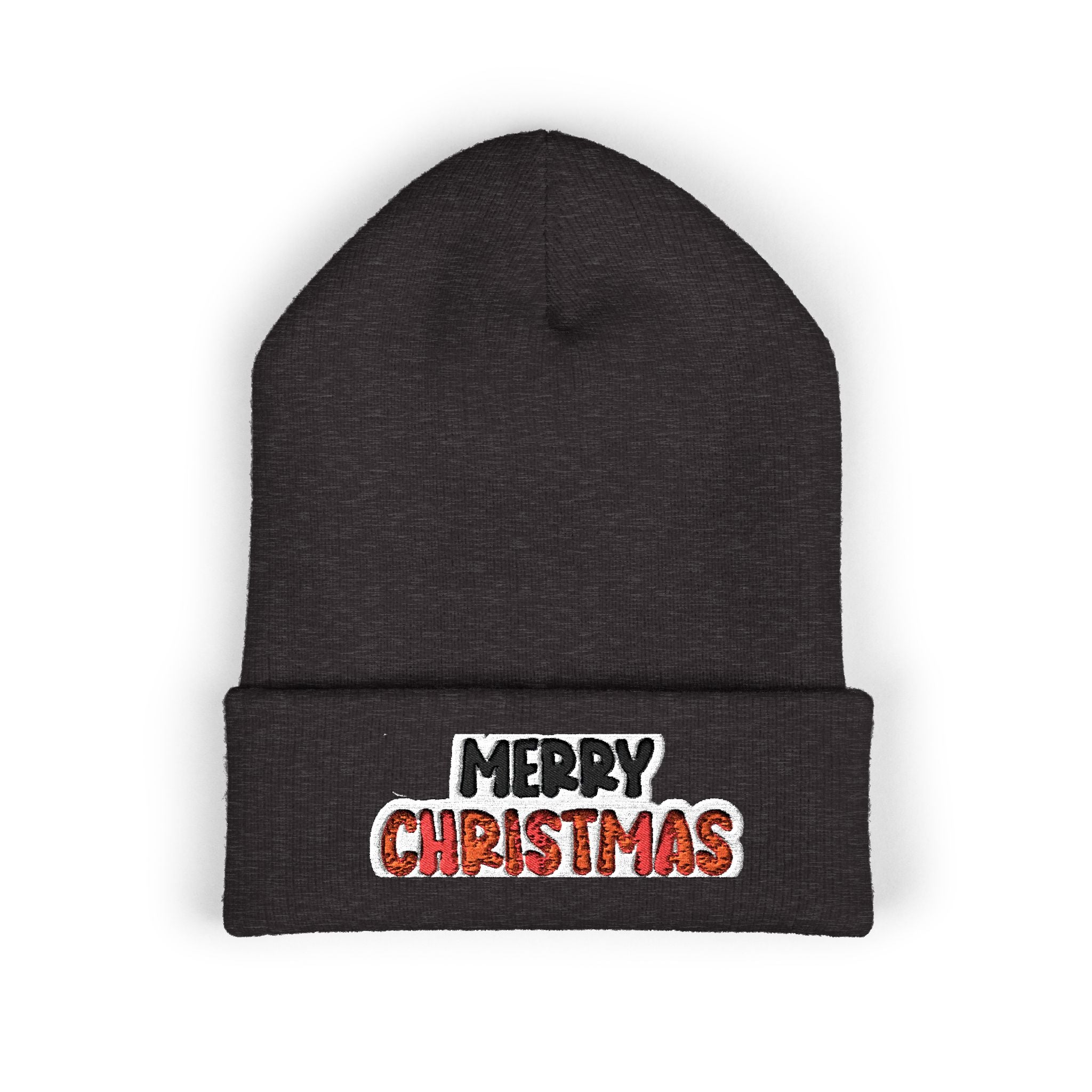 Merry Christmas Embroidered Cuffed Beanie — Holiday Knit Hat