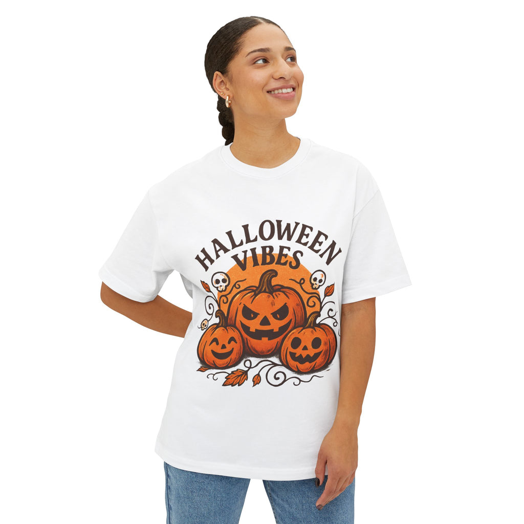 Halloween Vibes Oversized Tee, Unisex Halloween Shirt, Fall Fashion Tee, Spooky Season Top, Pumpkin Graphic Tee, Comfortable Casual Tee
