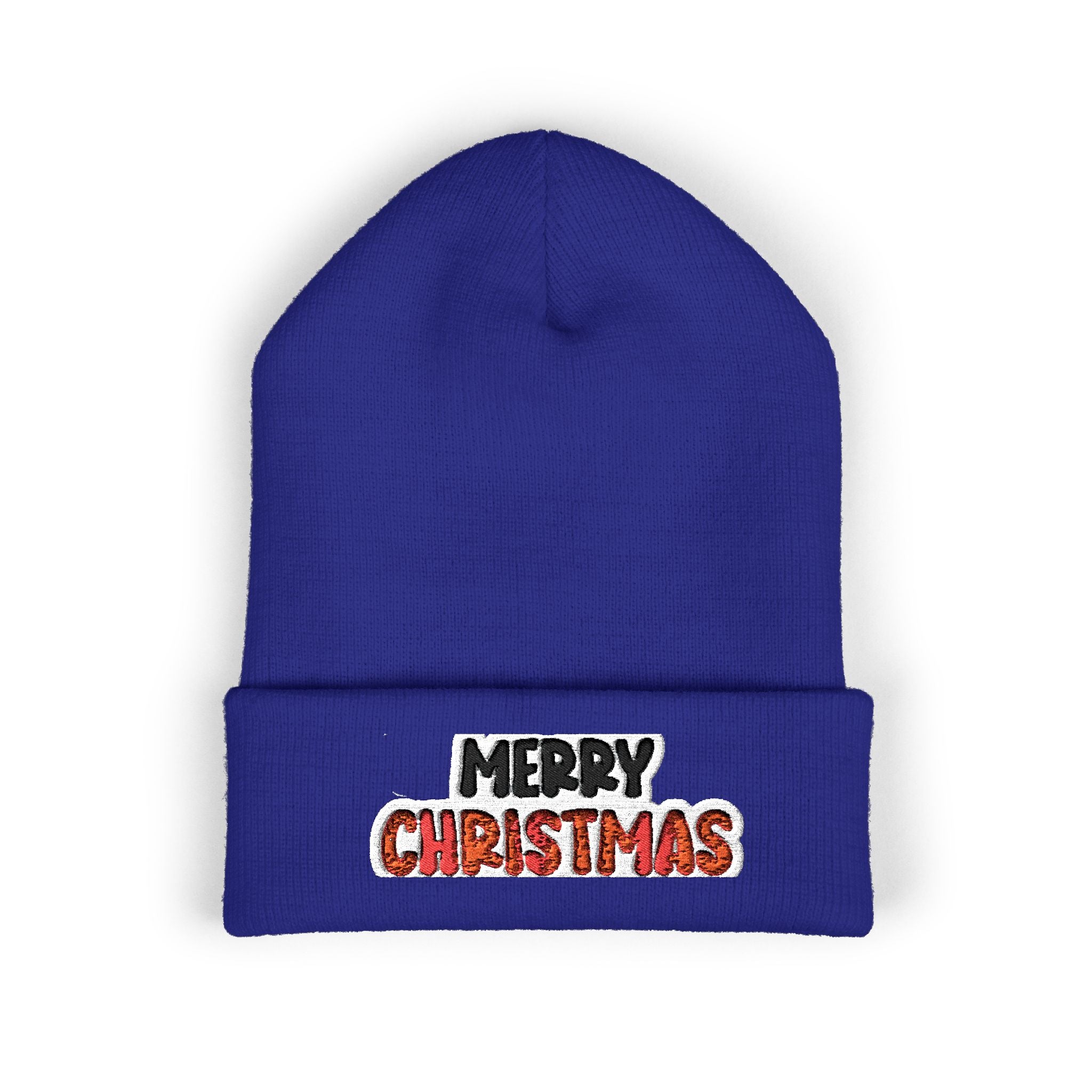 Merry Christmas Embroidered Cuffed Beanie — Holiday Knit Hat