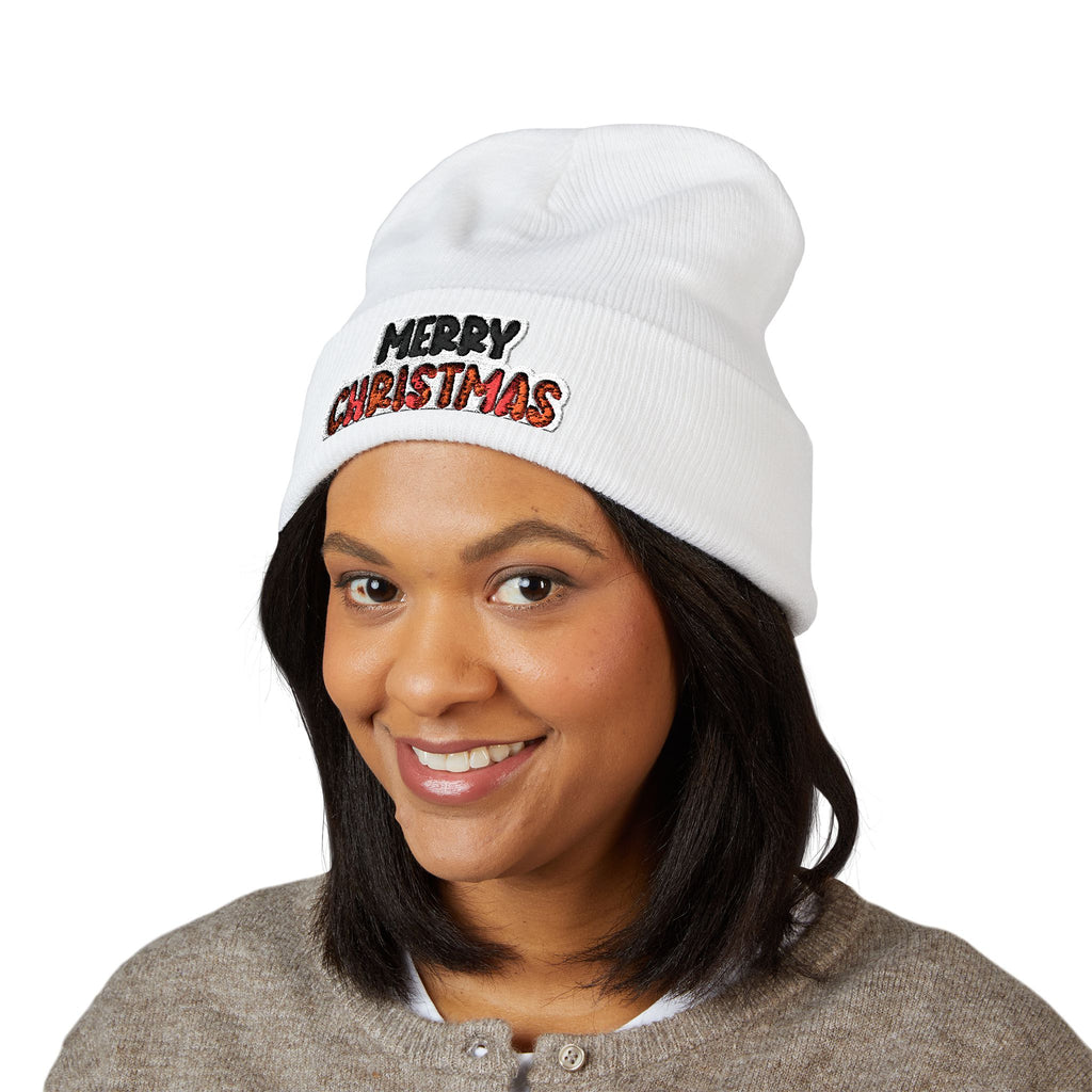 Merry Christmas Embroidered Cuffed Beanie — Holiday Knit Hat