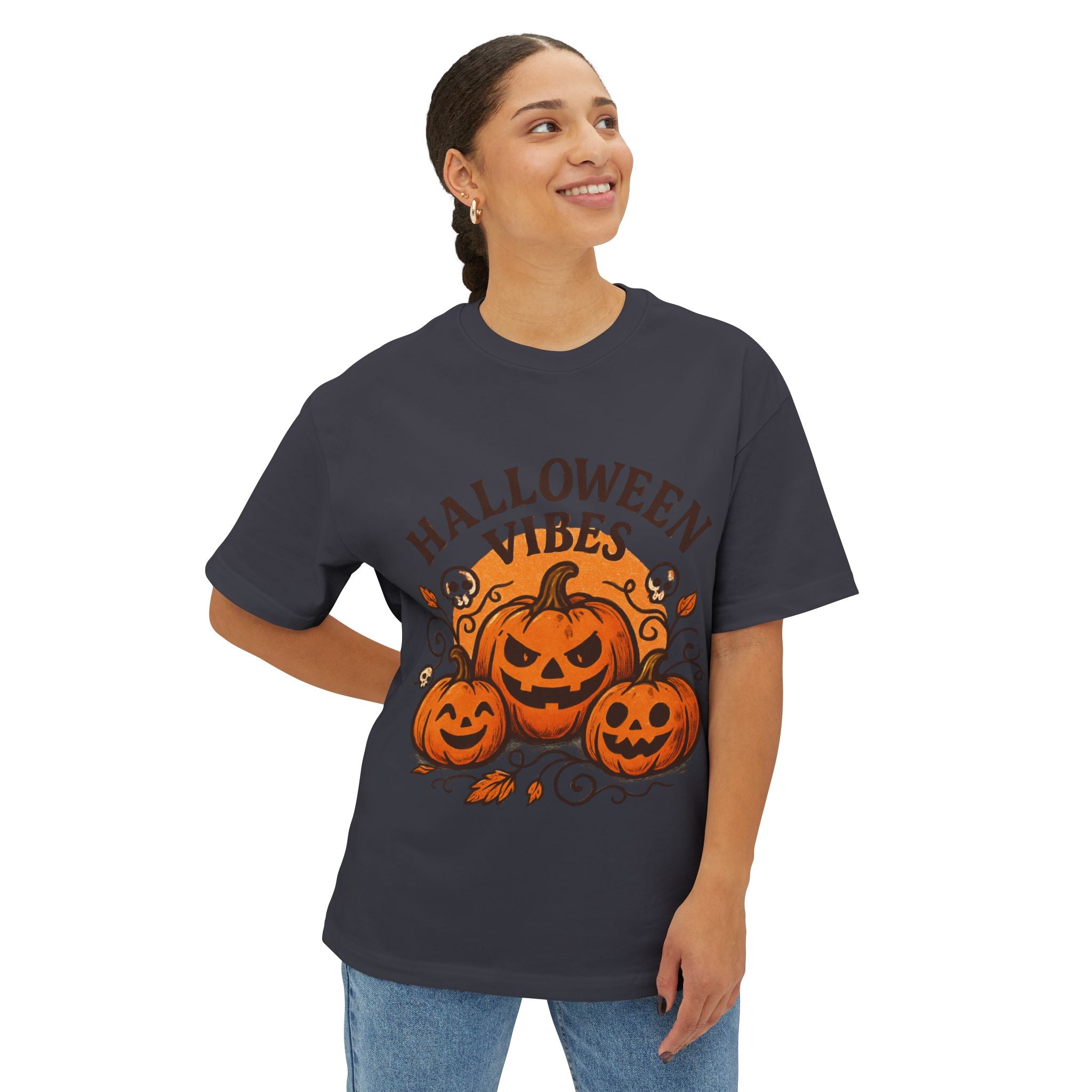 Halloween Vibes Oversized Tee, Unisex Halloween Shirt, Fall Fashion Tee, Spooky Season Top, Pumpkin Graphic Tee, Comfortable Casual Tee