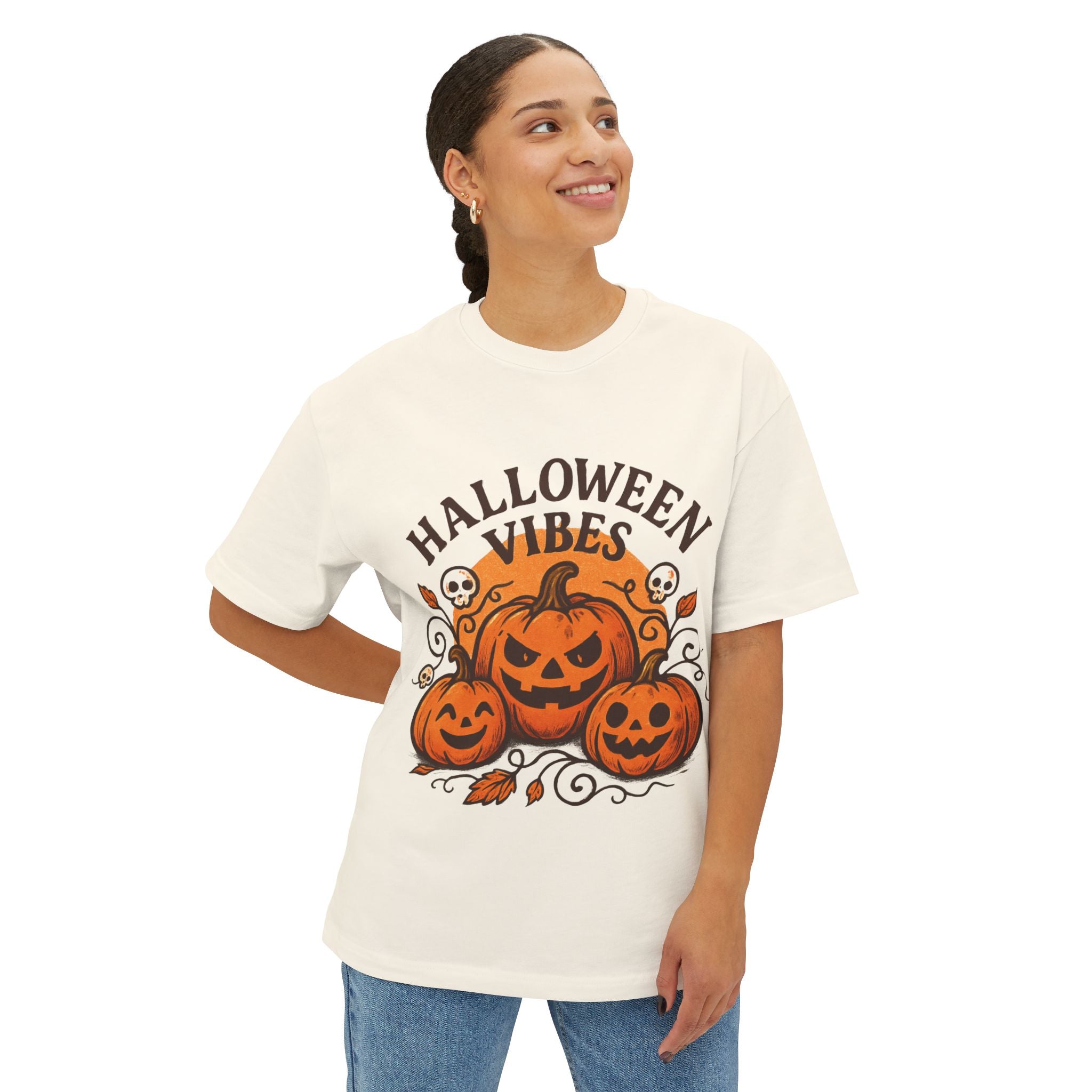 Halloween Vibes Oversized Tee, Unisex Halloween Shirt, Fall Fashion Tee, Spooky Season Top, Pumpkin Graphic Tee, Comfortable Casual Tee