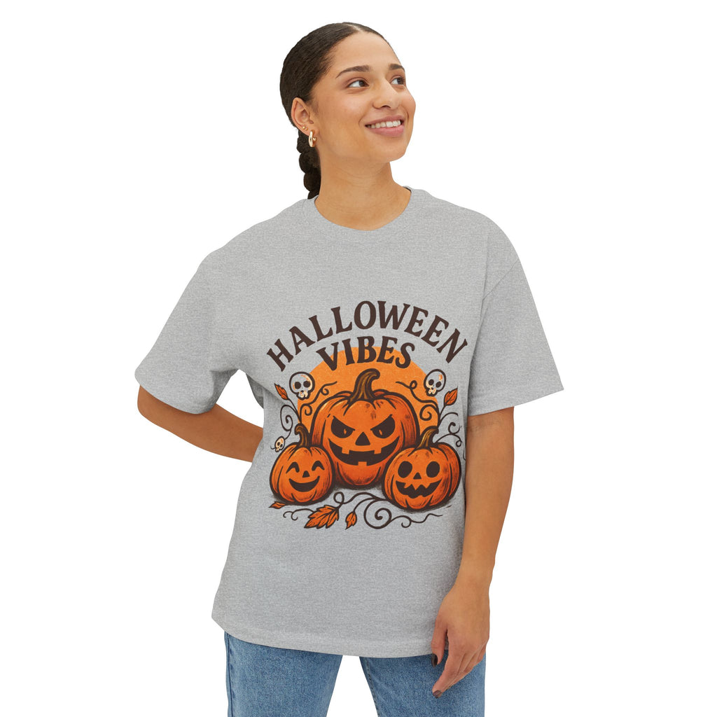Halloween Vibes Oversized Tee, Unisex Halloween Shirt, Fall Fashion Tee, Spooky Season Top, Pumpkin Graphic Tee, Comfortable Casual Tee