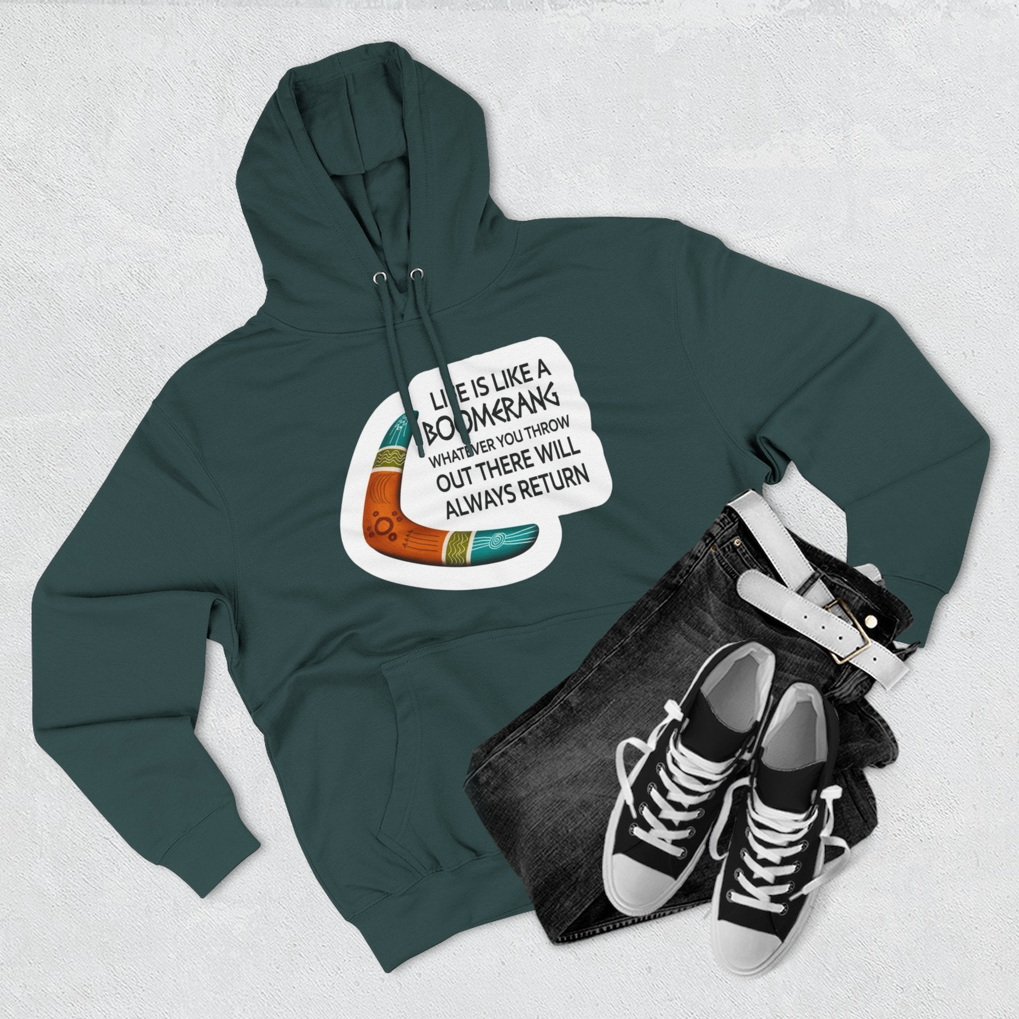 Boomerang Graphic Hoodie — "Life Is Like a Boomerang" Motivational Pullover