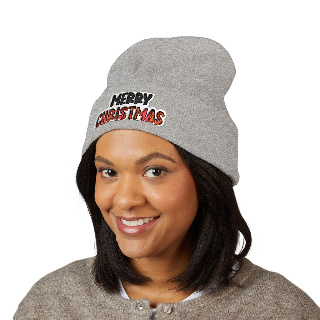 Merry Christmas Embroidered Cuffed Beanie — Holiday Knit Hat